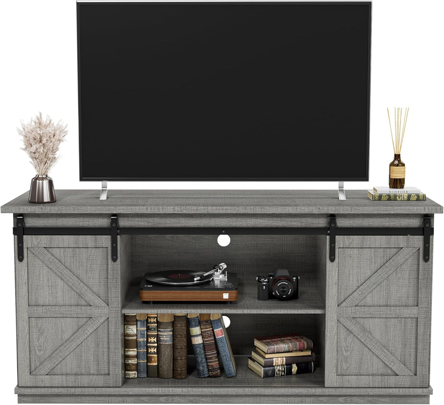 TV Stand for 65 Inch TV, Entertainment Center with Storage Cabinets and Sliding Barn Doors, Mid Century Modern Media TV Console Table for Living Room Bedroom (Pale Gray)