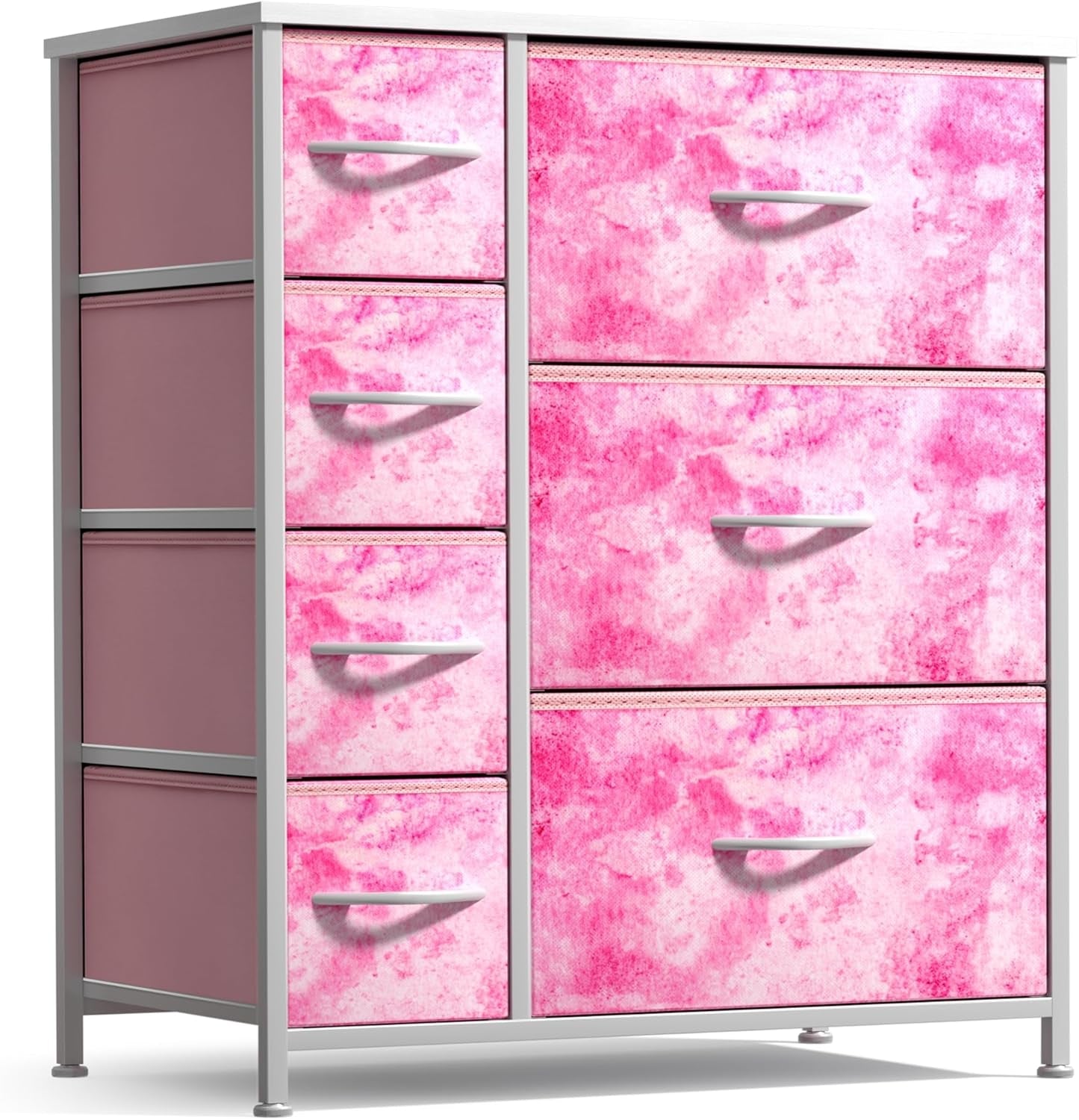 Kids Dresser with 7 Drawers - Storage Chest Organizer Unit with Steel Frame, Wood Top & Handles, Tie-Dye Fabric Bins for Clothes - Wide Furniture for Bedroom Hallway Kids Room Nursery & Closet