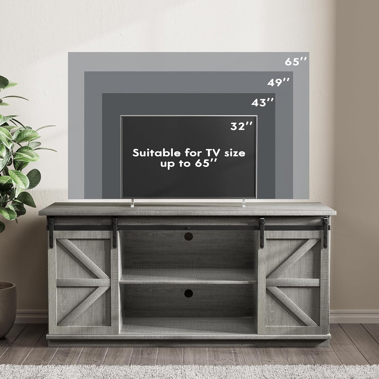 TV Stand for 65 Inch TV, Entertainment Center with Storage Cabinets and Sliding Barn Doors, Mid Century Modern Media TV Console Table for Living Room Bedroom (Pale Gray)