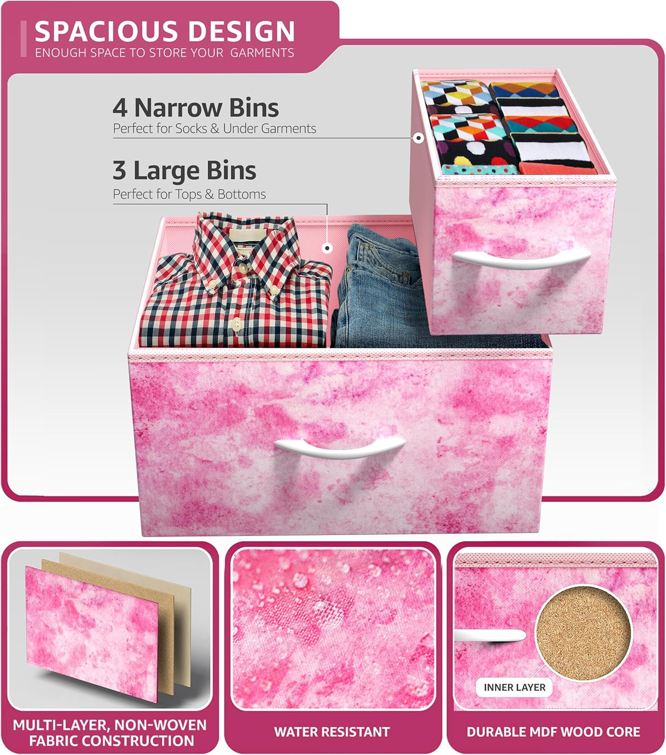 Kids Dresser with 7 Drawers - Storage Chest Organizer Unit with Steel Frame, Wood Top & Handles, Tie-Dye Fabric Bins for Clothes - Wide Furniture for Bedroom Hallway Kids Room Nursery & Closet