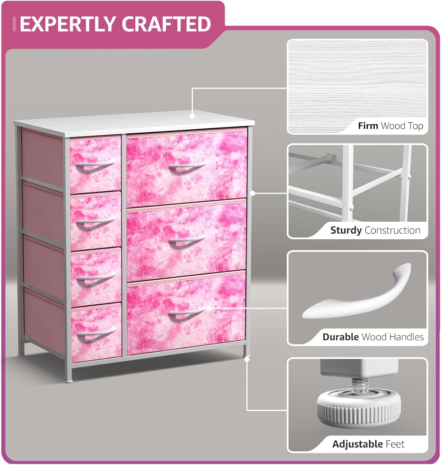 Kids Dresser with 7 Drawers - Storage Chest Organizer Unit with Steel Frame, Wood Top & Handles, Tie-Dye Fabric Bins for Clothes - Wide Furniture for Bedroom Hallway Kids Room Nursery & Closet