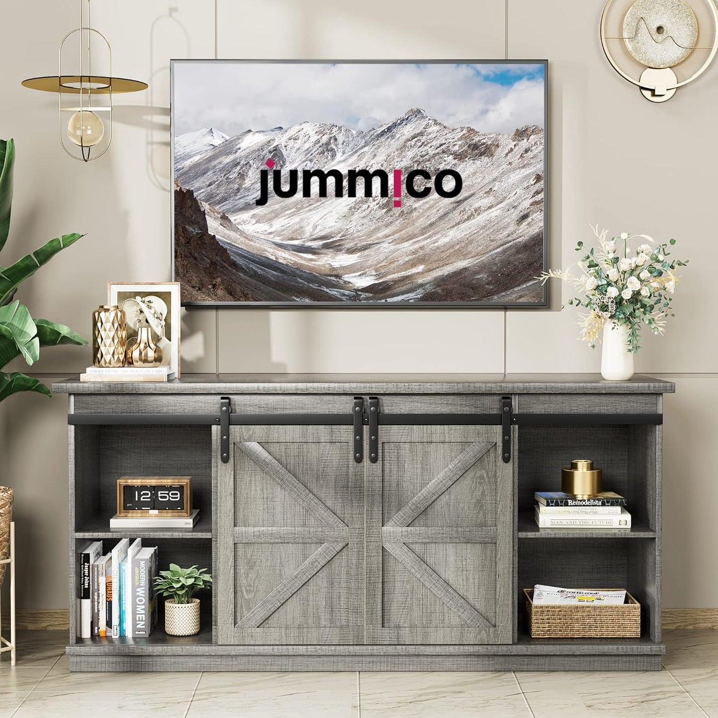 TV Stand for 65 Inch TV, Entertainment Center with Storage Cabinets and Sliding Barn Doors, Mid Century Modern Media TV Console Table for Living Room Bedroom (Pale Gray)