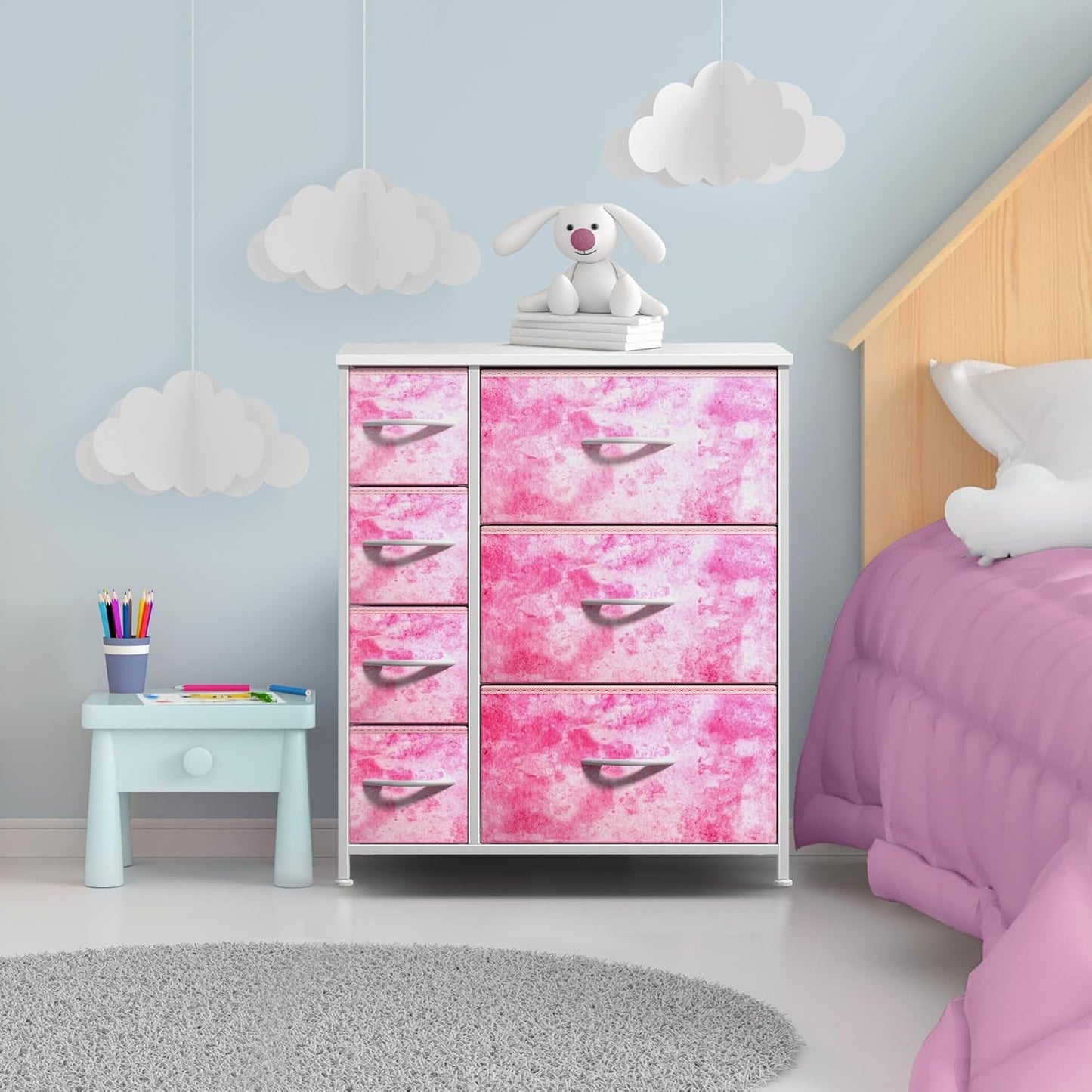 Kids Dresser with 7 Drawers - Storage Chest Organizer Unit with Steel Frame, Wood Top & Handles, Tie-Dye Fabric Bins for Clothes - Wide Furniture for Bedroom Hallway Kids Room Nursery & Closet