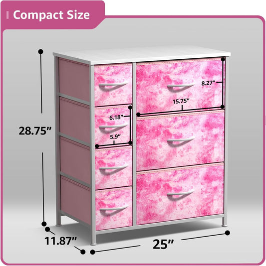 Kids Dresser with 7 Drawers - Storage Chest Organizer Unit with Steel Frame, Wood Top & Handles, Tie-Dye Fabric Bins for Clothes - Wide Furniture for Bedroom Hallway Kids Room Nursery & Closet