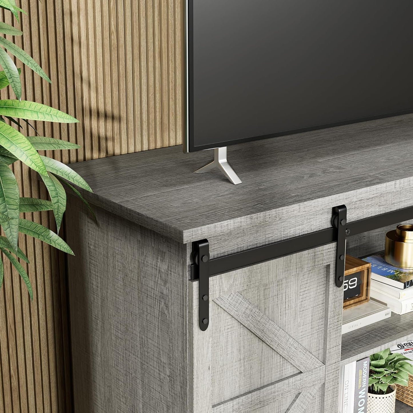 TV Stand for 65 Inch TV, Entertainment Center with Storage Cabinets and Sliding Barn Doors, Mid Century Modern Media TV Console Table for Living Room Bedroom (Pale Gray)